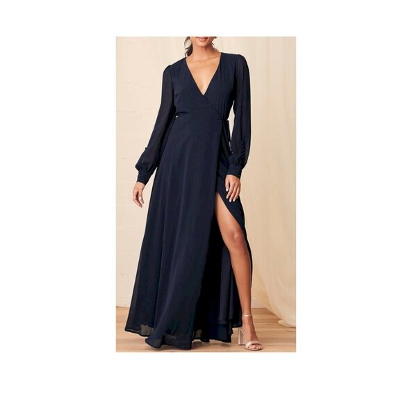 Lulus My Whole Heart Dark Navy Blue Long Sleeve Wrap Dress Medium NWOT - Picture 1 of 7